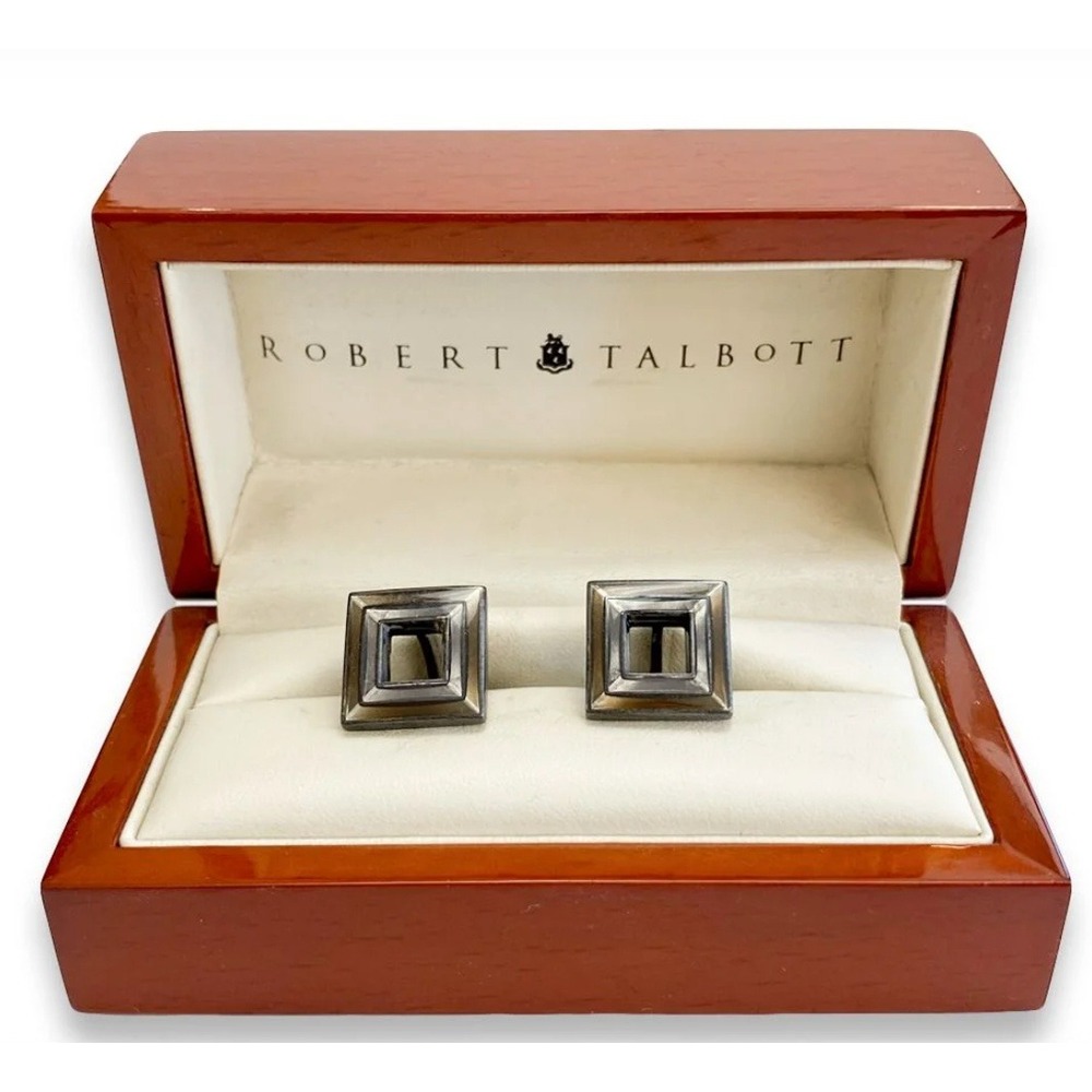 Robert Talbott Mens Square Geometric Hollow Center Cufflinks Silver Gunmetal OS